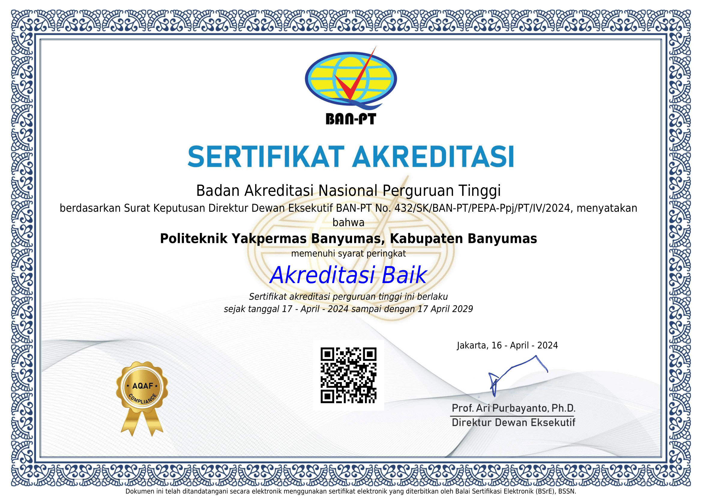 Sertifikat Akreditasi Politeknik Yakpermas banyumas Ban PT Thn Lulusan 2020 - 2024.png